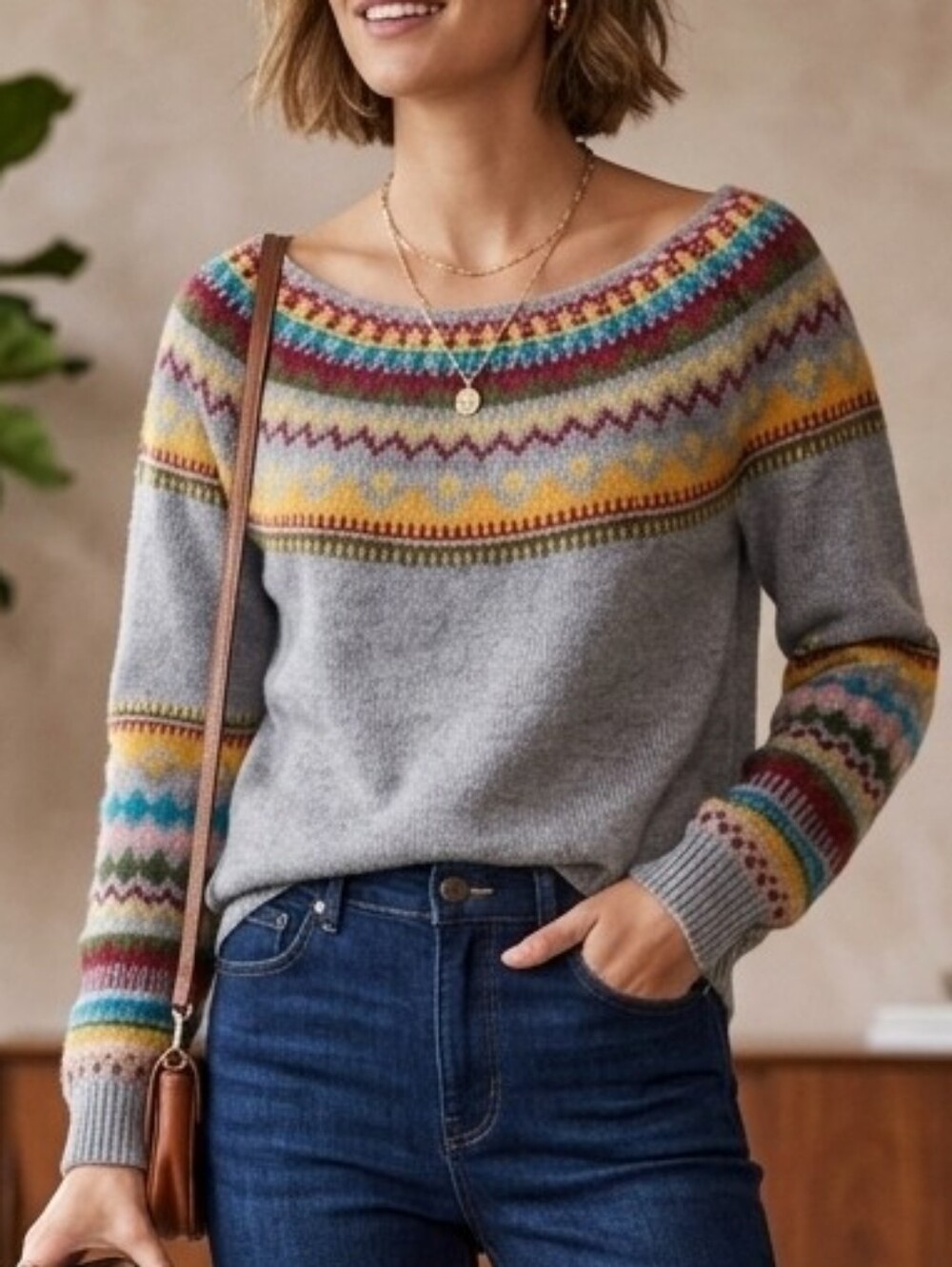 Women's Gray Fair Isle Yoke Sweater - Multicolor Pattern